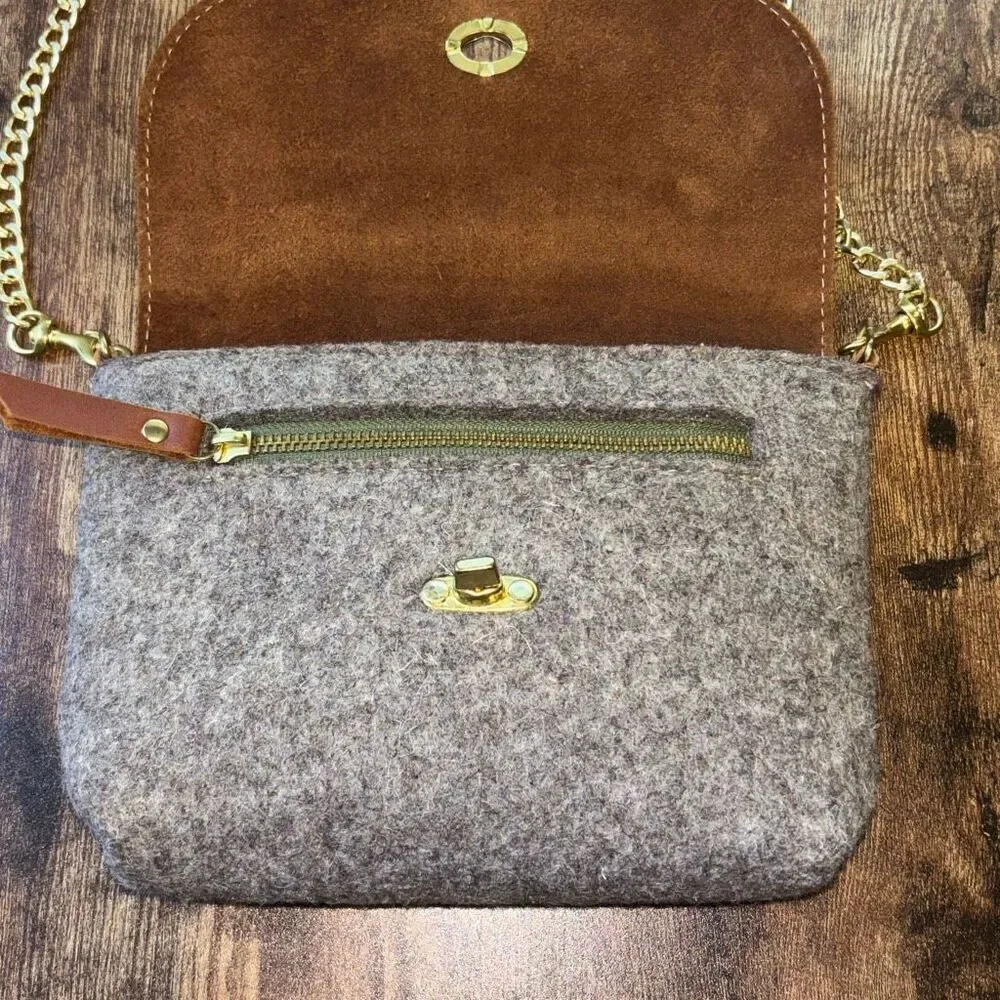 Sword & Plough Women Gray Crossbody Bag Purse Gold Chain Brown Leather